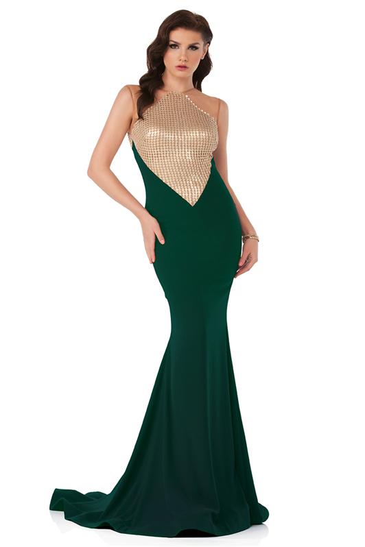 MNM Couture - N0014 Sleeveless Illusion Metallic Trumpet Gown in Green