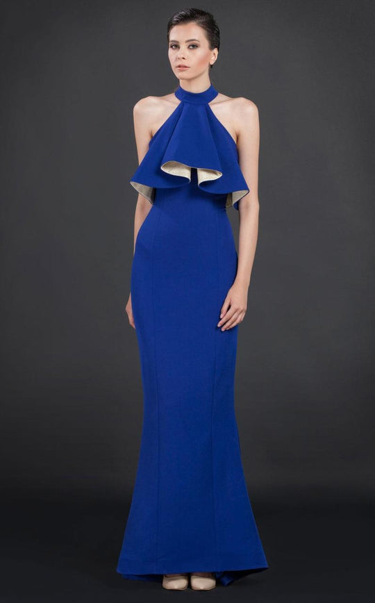 MNM Couture - N0052 Sleeveless Halter Ruffled Long Gown in Blue