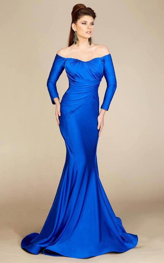 MNM Couture - S0003 Off Shoulder Pleated Long Sleeves Mermaid Gown in Blue