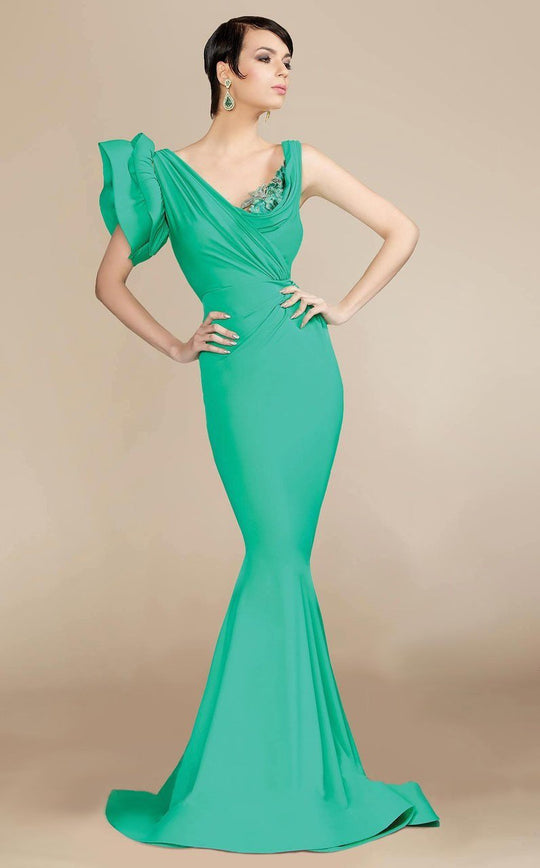 MNM Couture - S0004 Ruffled Scoop Ruched Trumpet Gown in Green