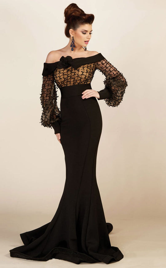 MNM Couture - S0006 Off Shoulder Long Sleeves Gown with Ribbon Accents in Black