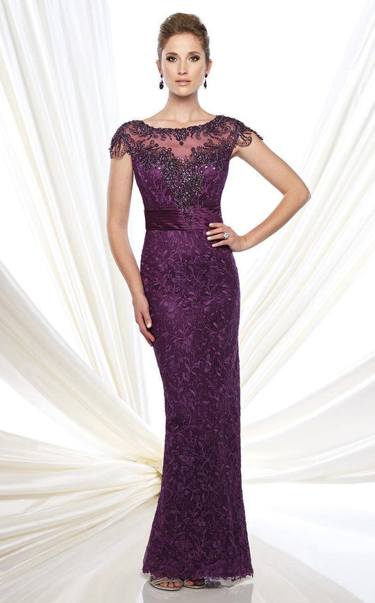 Mon Cheri - Embellished Illusion Cap Sleeve Gown in Purple