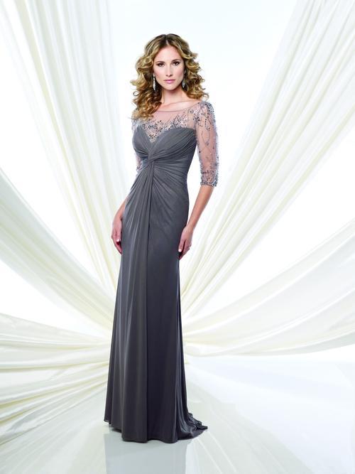 Mon Cheri - Sheer Elbow Sleeves Ruched Gown 215902 in Gray