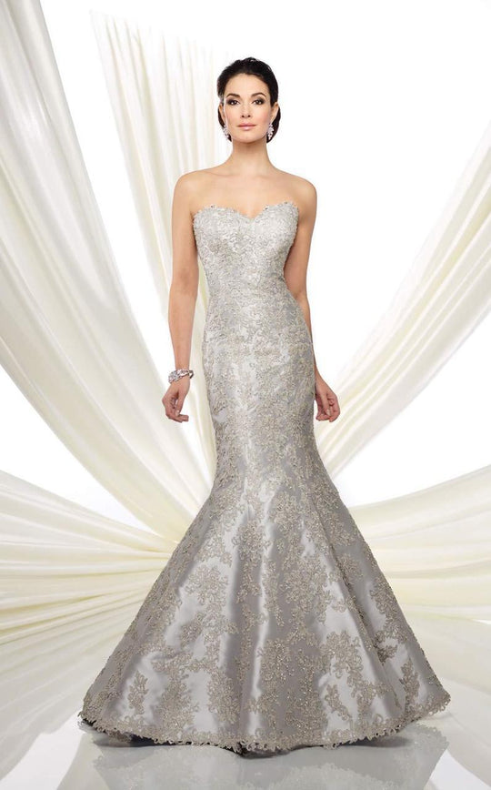 Mon Cheri - Strapless Lace Appliqued Mikado Gown in Silver