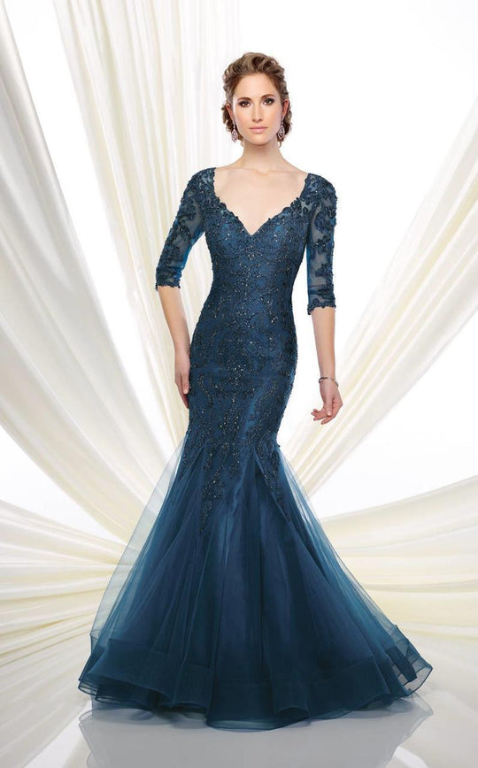 Ivonne D by Mon Cheri - V-Neck Tulle Trumpet Gown 216D50 in Blue
