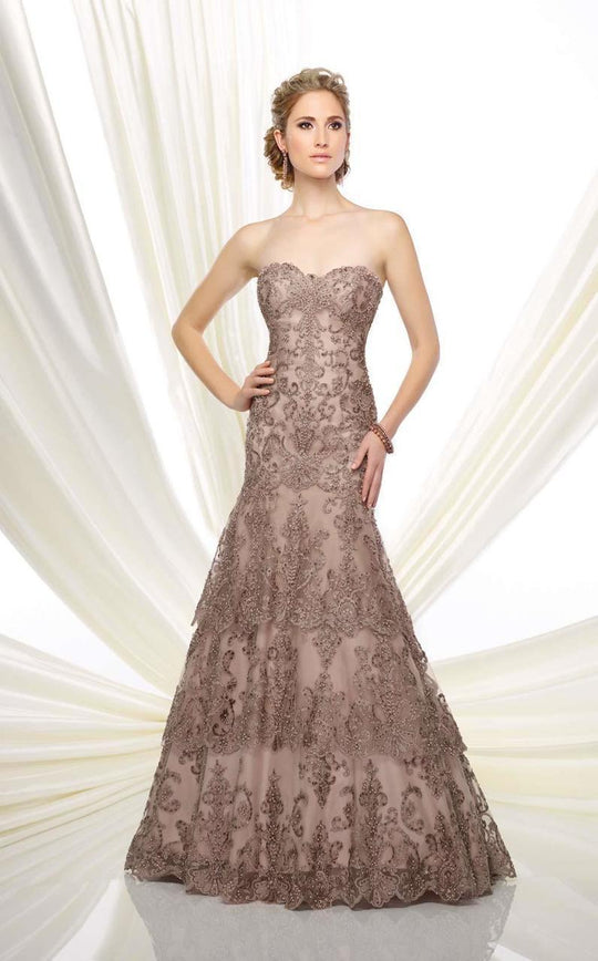Ivonne D for Mon Cheri - 216D53 Strapless Beaded Lace Evening Gown in Mink