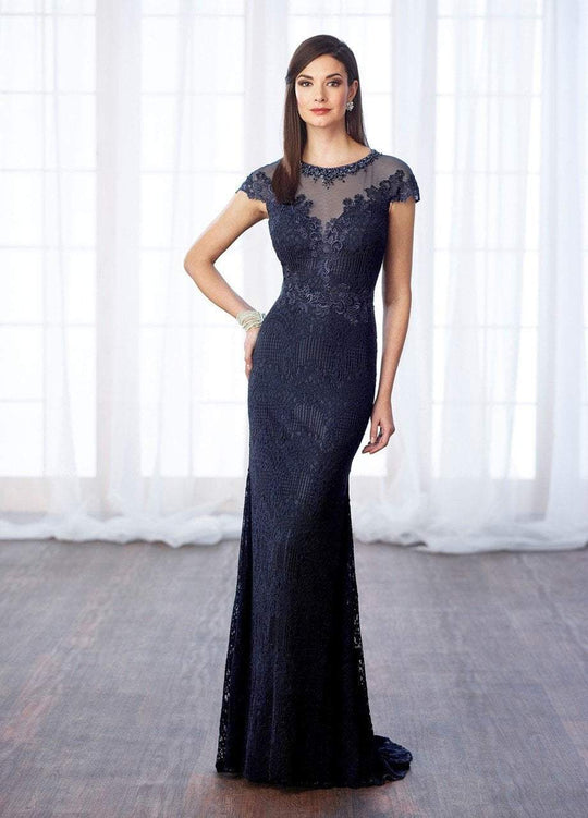 Cameron Blake - 217642 Beaded Illusion Lace Cap Sleeves Long Gown in Blue