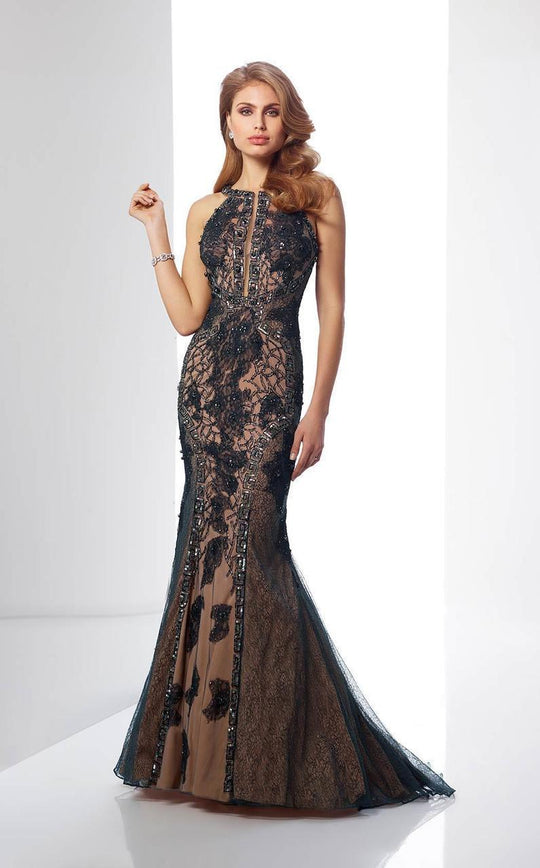 Social Occasions by Mon Cheri - 217836 Tulle and Lace Mermaid Gown in Gray and Neutral