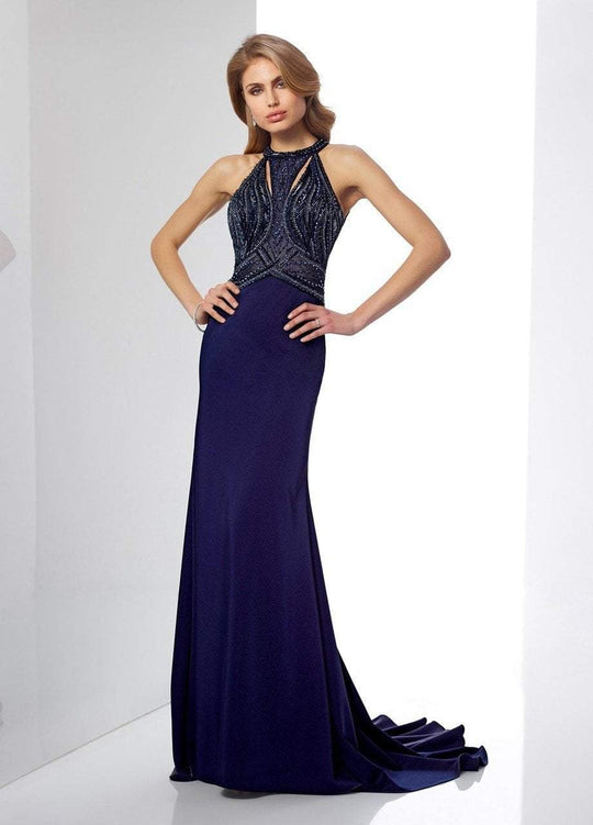 Social Occasions by Mon Cheri - 217837 Beaded Halter Dress with Train in Blue