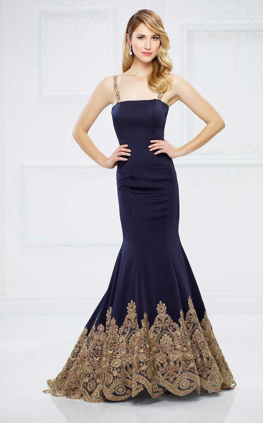 Montage by Mon Cheri - 217940 Gilded Lace Applique Evening Gown in Blue and Gold