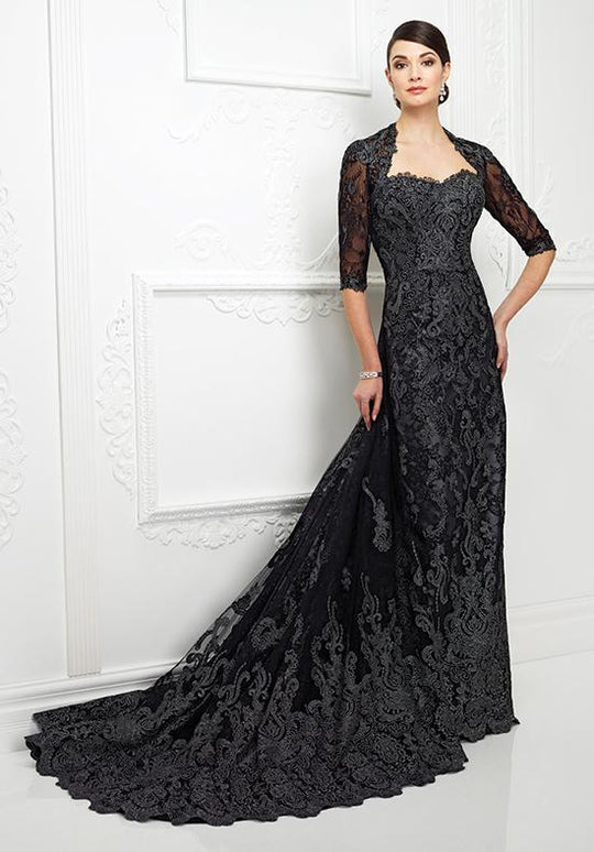 Montage by Mon Cheri - 217D83 Queen Anne Lace Gown with Long Train in Black and Gray
