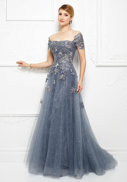 Montage by Mon Cheri - Embroidered Strapless Lace A Line Gown 217D88 in Blue