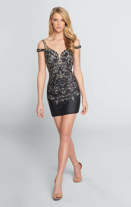 Ellie Wilde - EW21717S Strappy V Neck Sheath Cocktail Dress in Black and Multi-Color