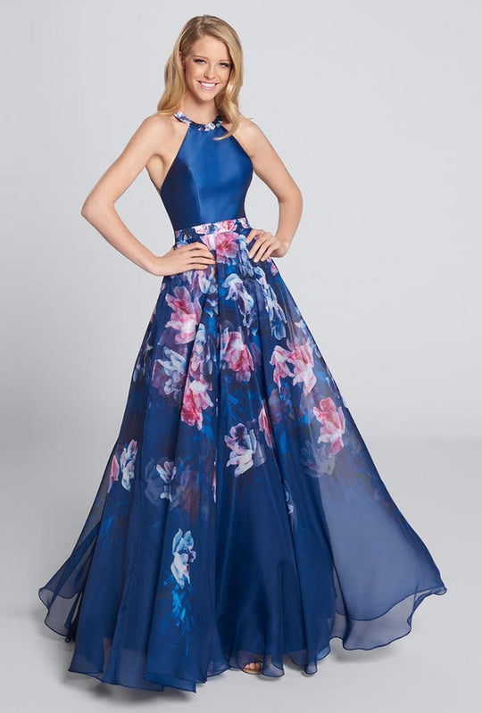 Ellie Wilde - EW21739 Sleeveless Halter Floral A Line Gown in Blue and Multi-Color