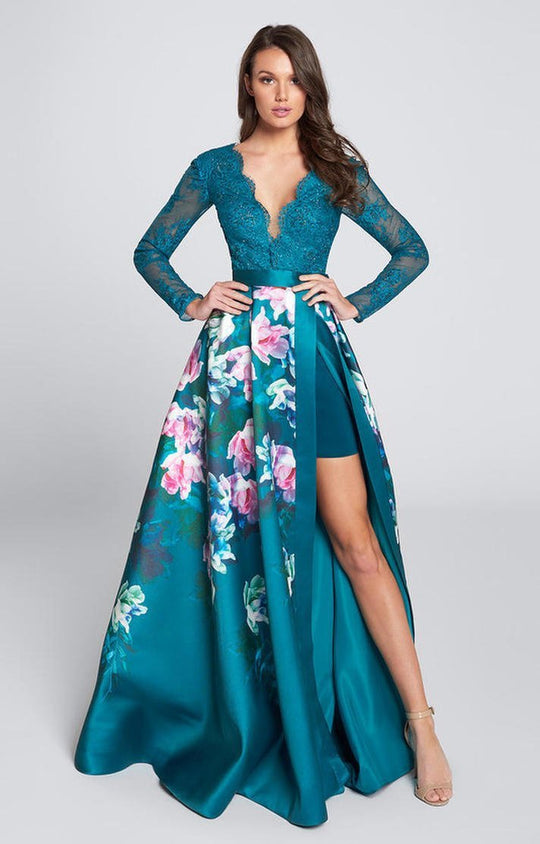 Ellie Wilde - EW21747 Long Sleeves Lace Floral A Line Gown in Blue and Multi-Color