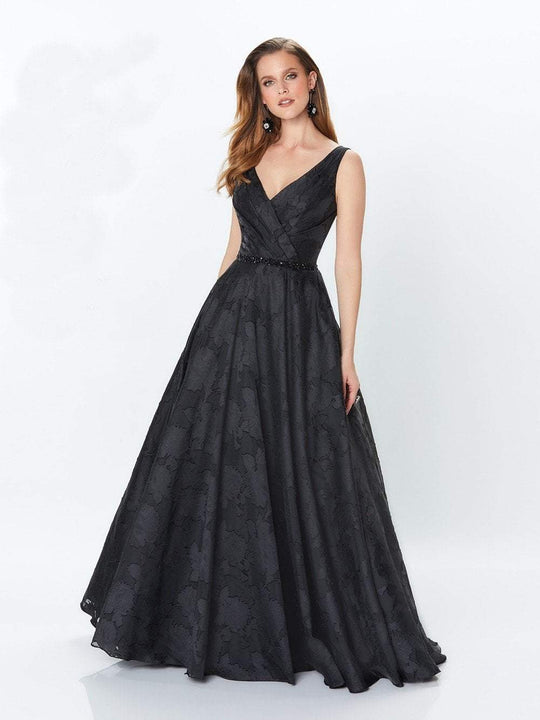 Montage by Mon Cheri - 119960W Sleeveless V Neck Burnout Organza Gown In Black