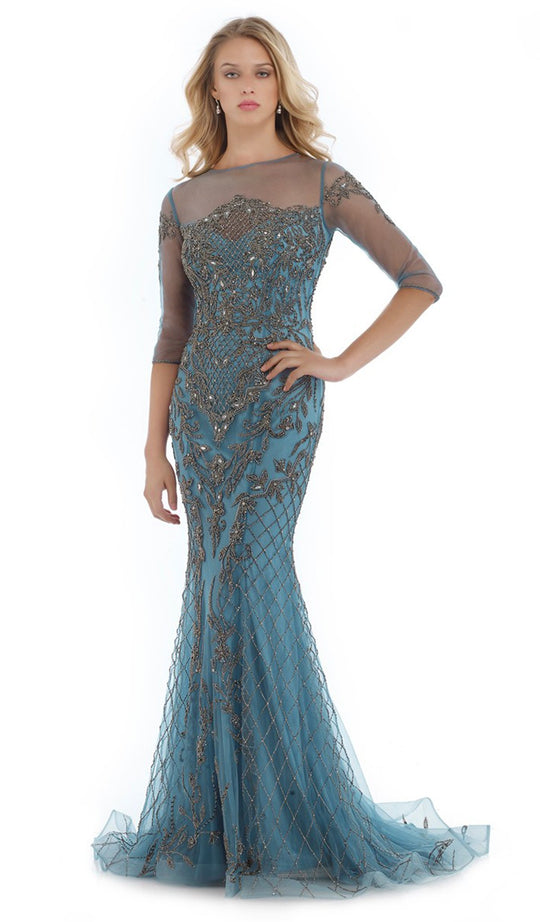 Morrell Maxie - 16058 Metallic Beadwork Fitted Mermaid Gown in Blue and Gray