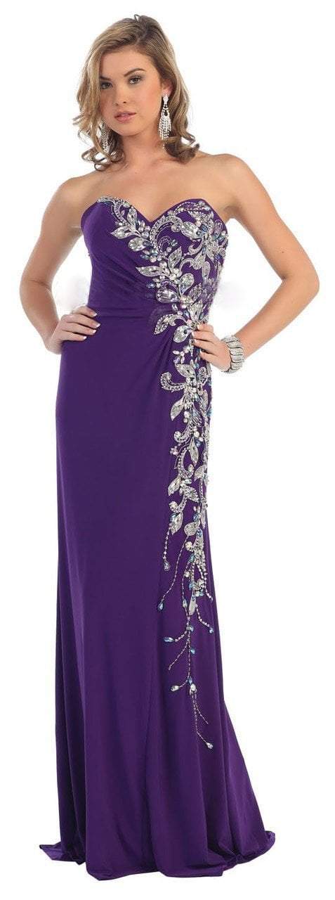 May Queen - MQ1086 Dazzling Crystals Sweetheart Sheath Long Gown in Purple