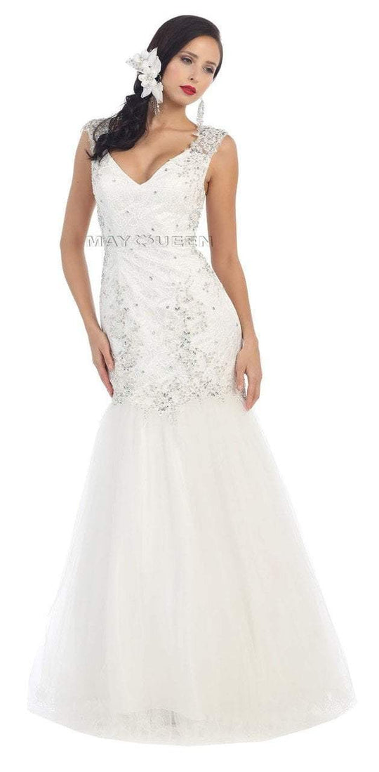 May Queen - MQ1172 Jewel Applique Adorned Trumpet Tulle Bridal Gown in White