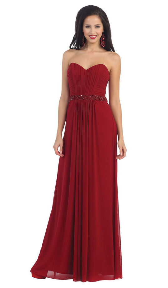 May Queen - Strapless Ruched Bodice Chiffon Long Prom Dress in Red