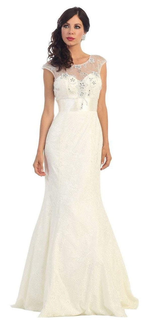Stunning Embroidered Cap Sleeved Illusion Neck Mermaid Dress In White