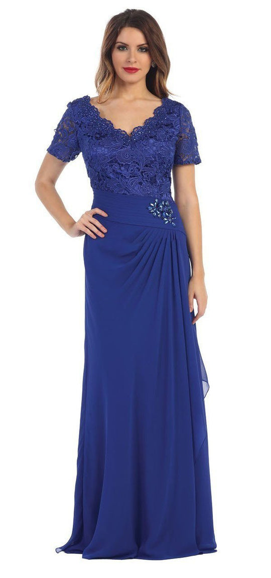 May Queen Lace V-Neck Short Sleeves Evening Dress - 1 pc Royal Blue In Size 4XL Available In Blue