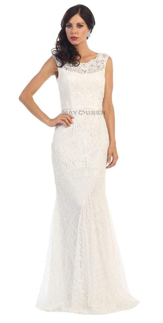 Classy Bateau Illusion Trumpet Lace Dress in White