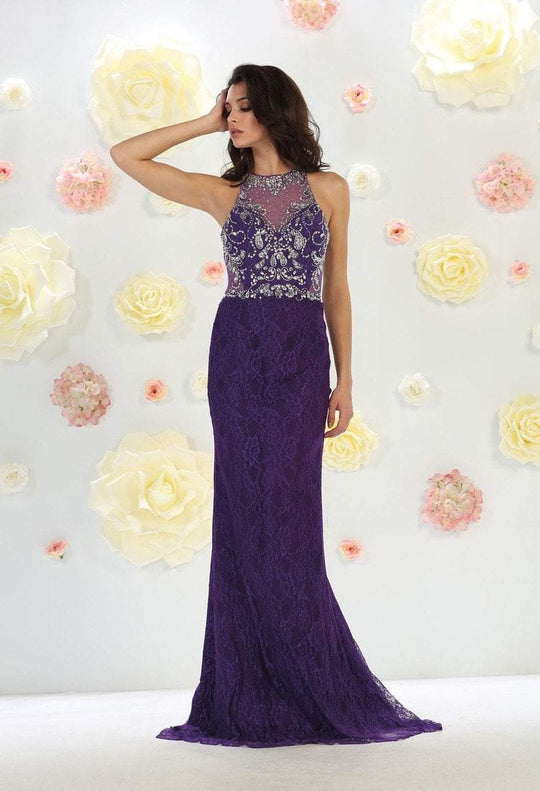 May Queen - Jeweled Sheer Halter Sheath Dress MQ1438 in Purple