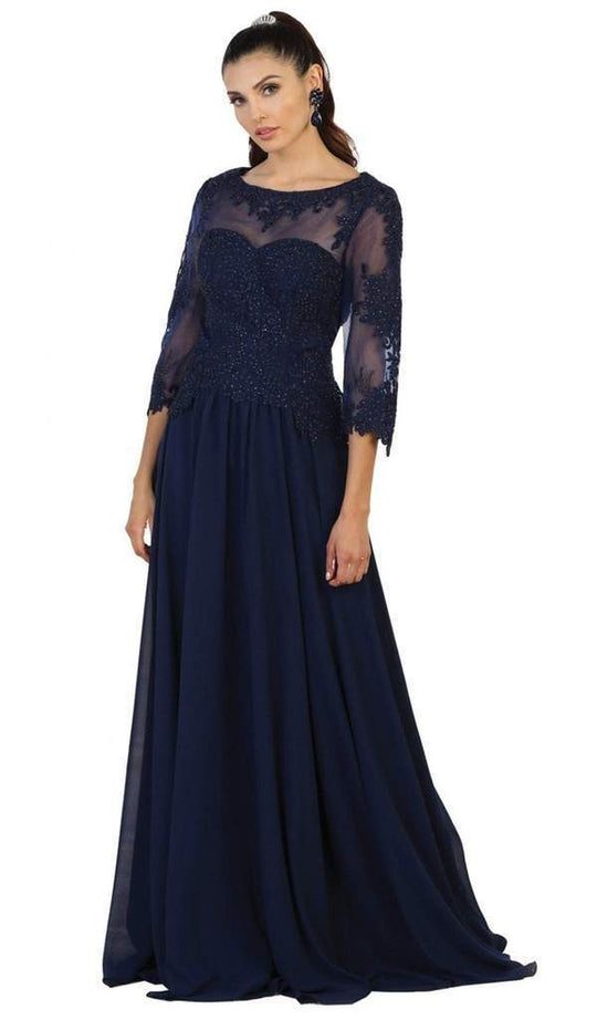 May Queen llusion Bateau Embellished Evening Dress MQ1484 In Blue