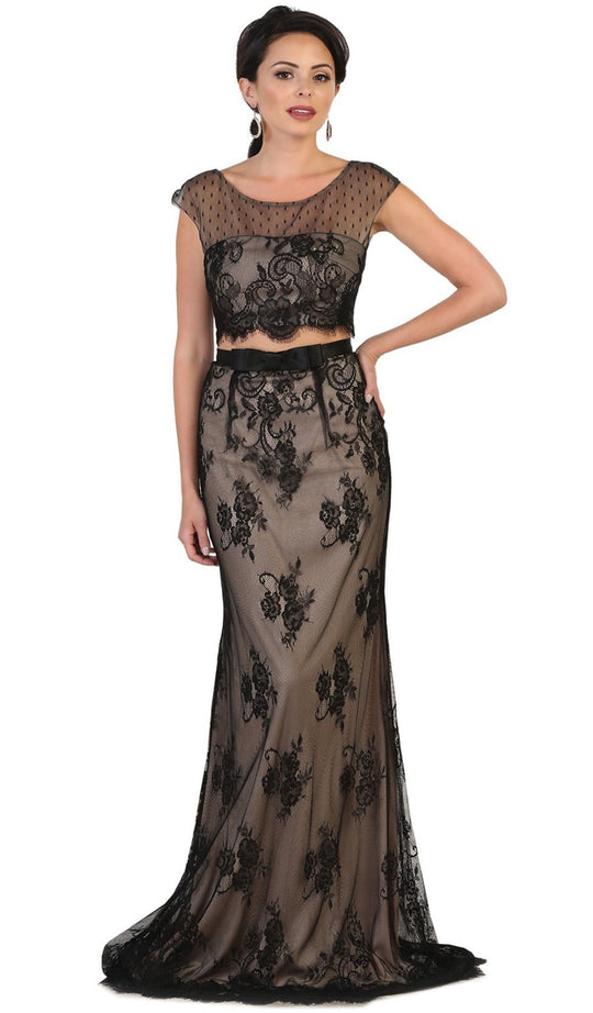 Two Piece Scoop Lace and Mesh Evening Gown