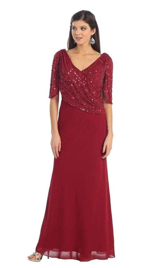 May Queen Draped Sleeve Sequined V Neck Sheath Evening Dress MQ996 In Red