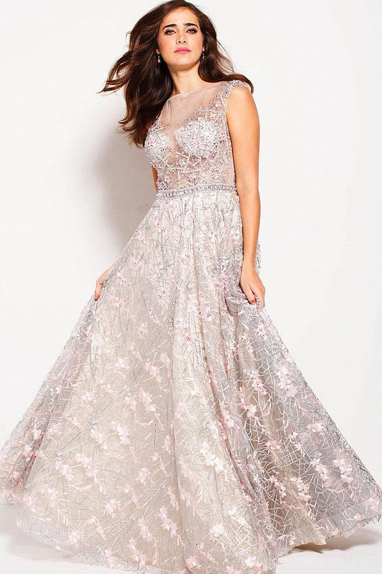 60656 Cap Sleeved Crystal Embellished Ballgown