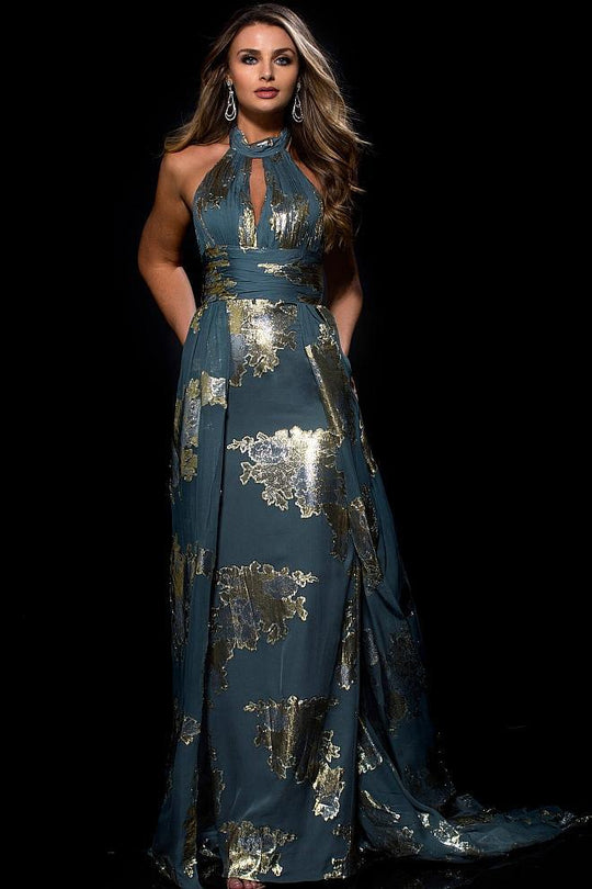 54852 Halter Neck Metallic Print Gown with Overskirt