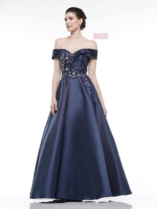 Marsoni By Colors - MV1008 Floral Beaded Surplice Off Shoulder Gown In Blue