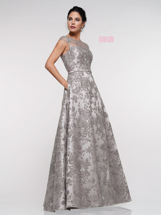 Marsoni By Colors - MV1012 Sequined Rosette Embroidered Long Gown In Silver and Gray