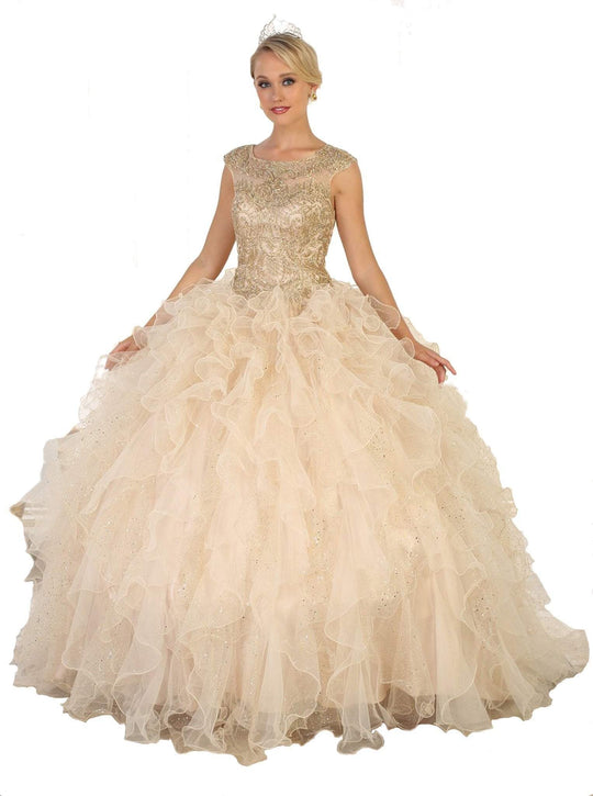 May Queen - LK104 Gilded Jewel Neck Ruffled Quinceanera Ballgown