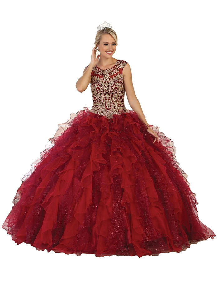 Gilded Jewel Neck Ruffled Quinceanera Ballgown