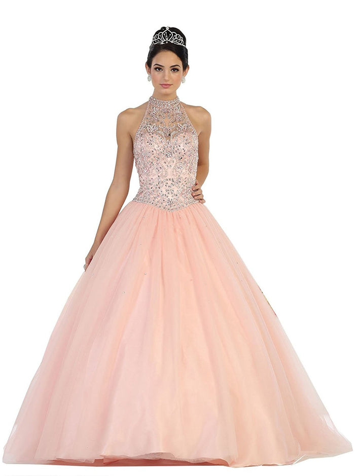 Lustrous Jeweled High Neck Ball Gown