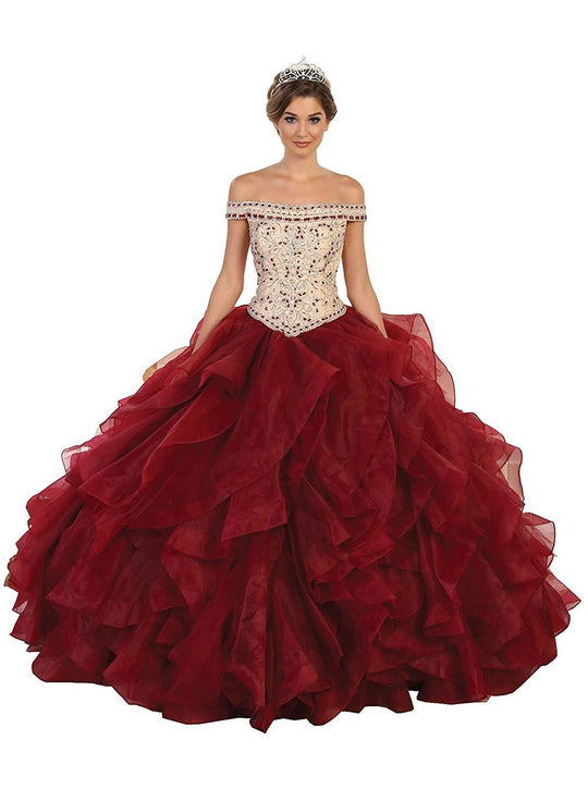 May Queen - Beaded Off-Shoulder Ruffled Quinceanera Ballgown