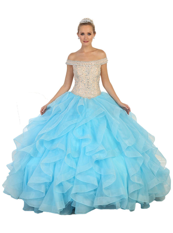 Beaded Off-Shoulder Ruffled Quinceanera Ballgown