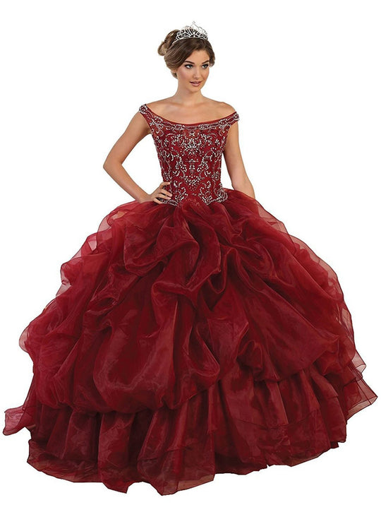 May Queen - Embellished Illusion Off-Shoulder Ruffled Quinceanera Ballgown