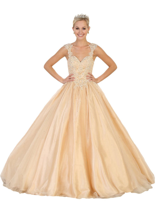 May Queen - Beaded Lace Plunging Sweetheart Quinceanera Ballgown