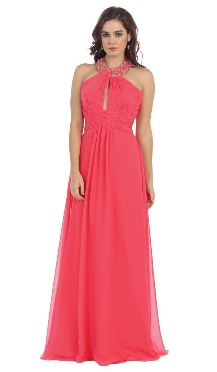 Shirred Cutout Halter A-Line Long Evening Dress