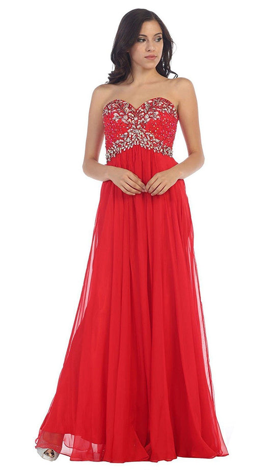 May Queen - Crystal Flourished Chiffon Long Prom Gown in Red