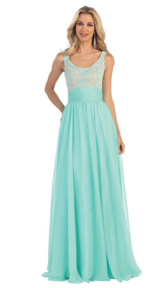 Dazzling Sleeveless Beaded and Laced Scoop Neck A-Line Evening Dress