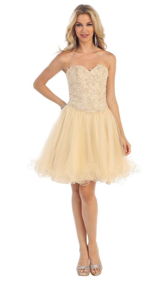 May Queen - MQ1215 Strapless Laced Sweetheart A-Line Cocktail Dress In Nude