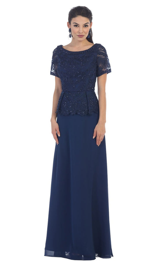 Short Sleeve Embroidered Bateau Neck A-line Evening Dress