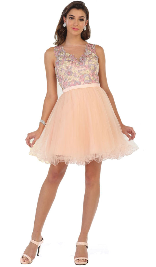 Multi-Colored Sheer Bateau A-line Cocktail Dress