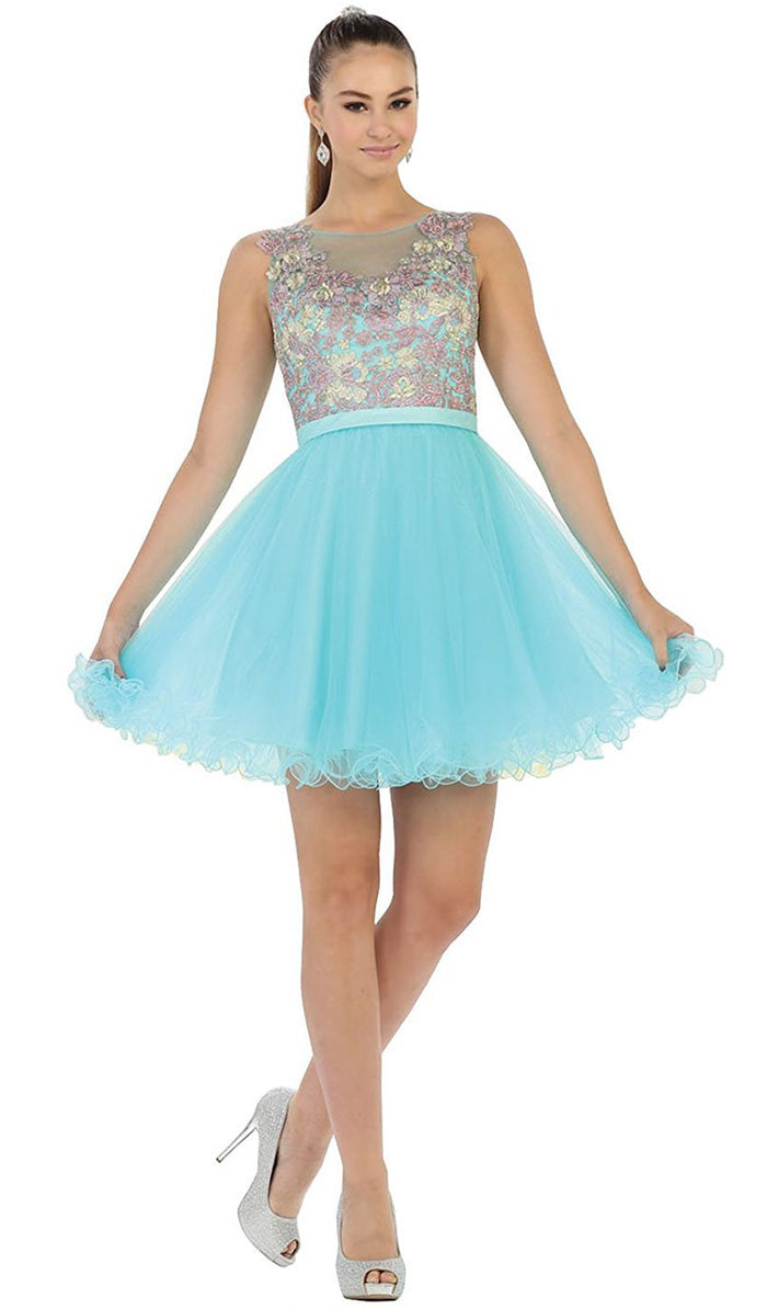 Multi-Colored Sheer Bateau A-line Cocktail Dress