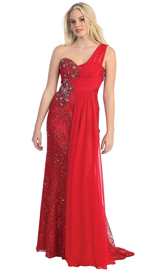 May Queen - Chiffon Sashed Floral Lace Evening Dress